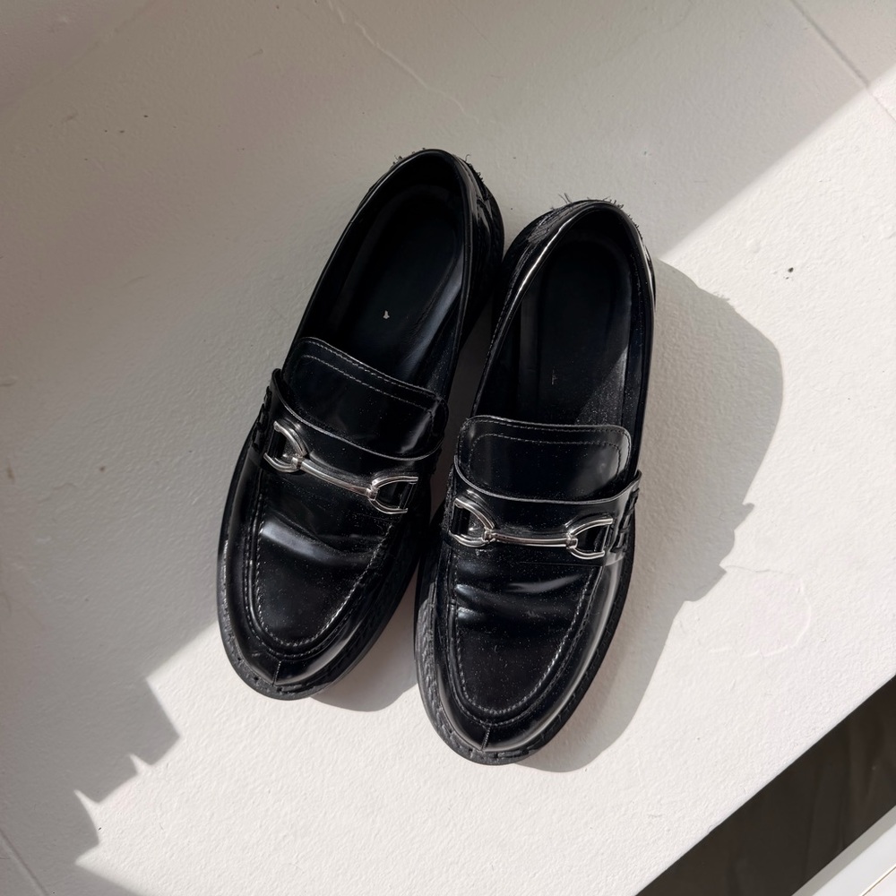 Zara Black Leather Loafers with Silver Hardware